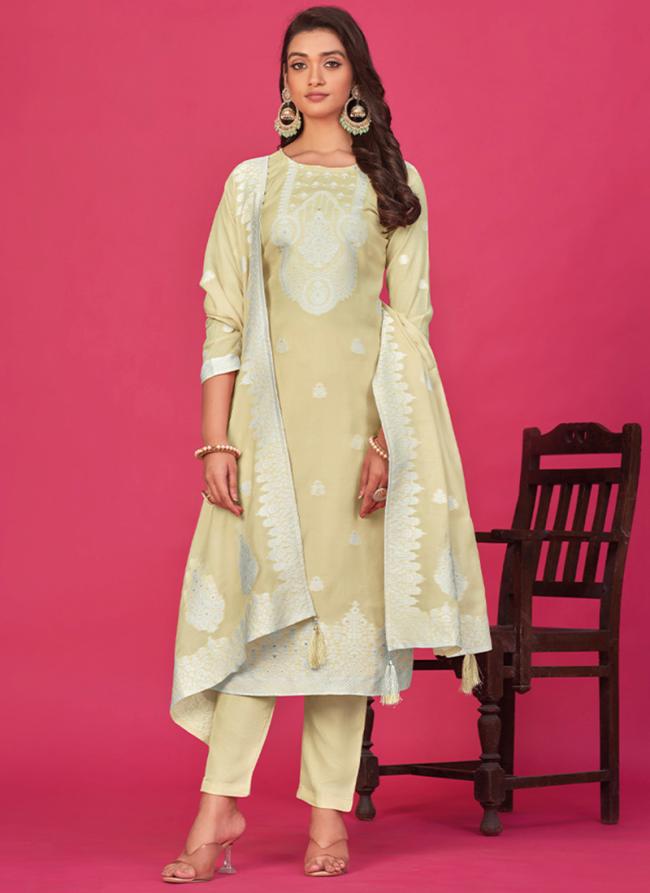 Pure Organza Cream Casual Wear Jacquard Work Straight Suit